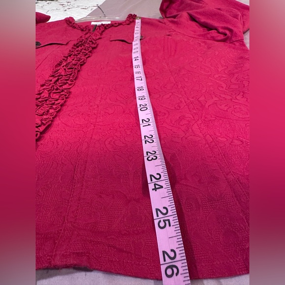 COLDWATER Creek Red Damask Zip Jeans Jacket With Ruffle Trim sz 2X - Picture 7 of 8